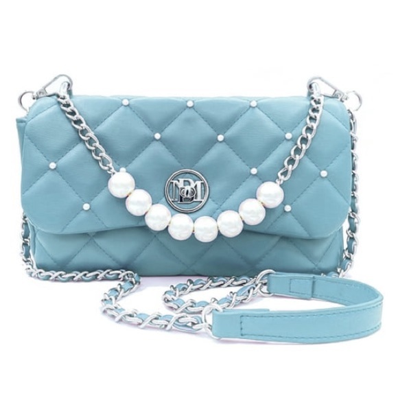 NWT Badgley Mischka‎ Baby Blue Crossbody Purse w/Metal and Pearl Strap - Picture 1 of 8